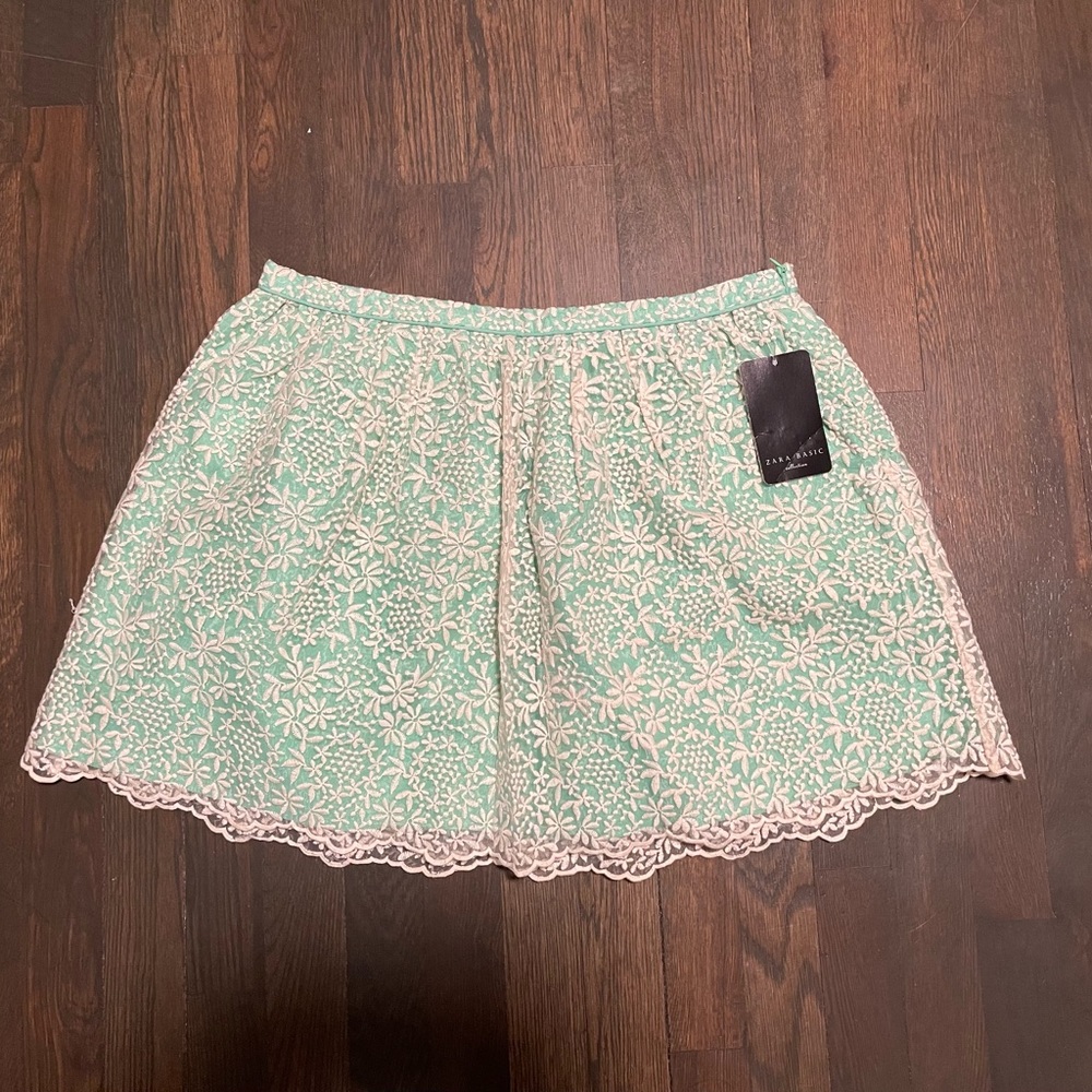 Zara Mint Green Floral Lace Trim Skirt